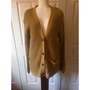 American Eagle Mustard Yellow Waffle Knit Cardigan Small Boho Oversized